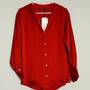 Zara Satin Effect Basic Shirt Button Up  Red Size XS NWT!